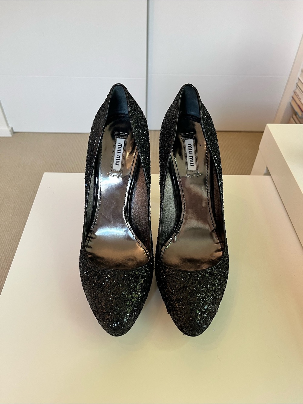 Miu Miu Black Glitter Pointed Toe Pumps with Sparkle Finish